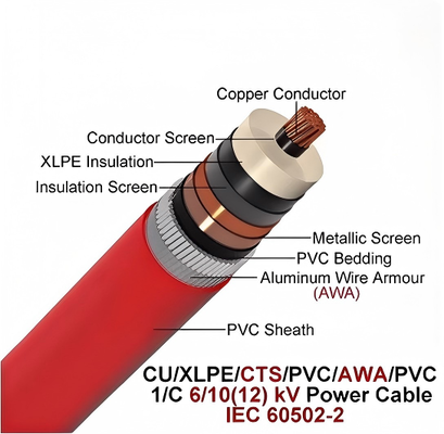 6/10kv Tek Bakır Çekirdekli Alüminyum tel Zırhlı Kablo CU/XLPE/CTS/PVCAWA/PVC 1x630mm2 IEC60502-2
